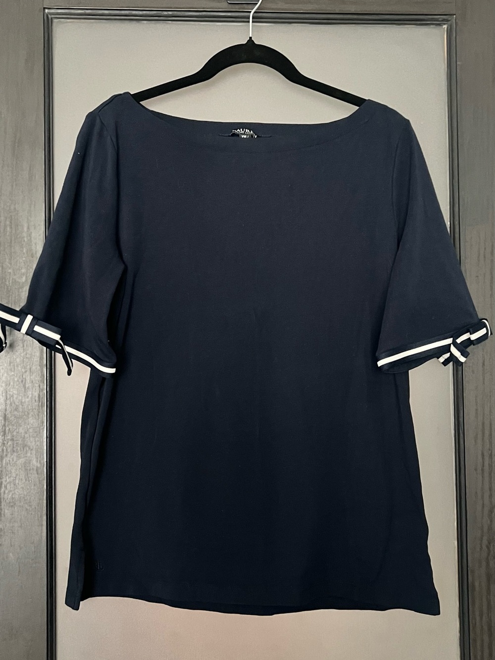 Lauren Ralph Lauren Navy Boatneck Short-Sleeve Top with Contrast Sleeve Ties XXL
